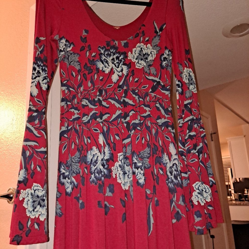 Free People Vibrant Red/Blue Floral Maxi Dress w/ Bell Sleeves